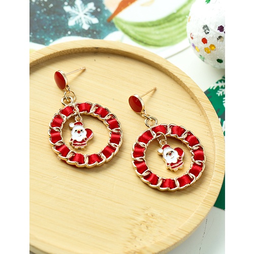 LRC Anting Tusuk Fashion Alloy Fabric Chain Braided Round Christmas Earrings Q14992