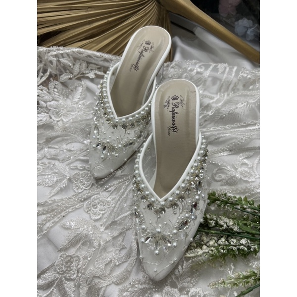 sepatu wanita wedding amirra putih 7cm kaca