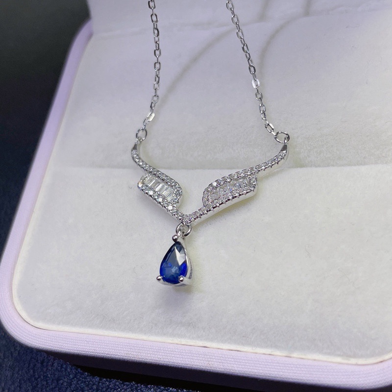 Kalung Dengan Liontin Bentuk Tetesan Air Bahan Cubic Zirconia Warna Biru Untuk Wanita