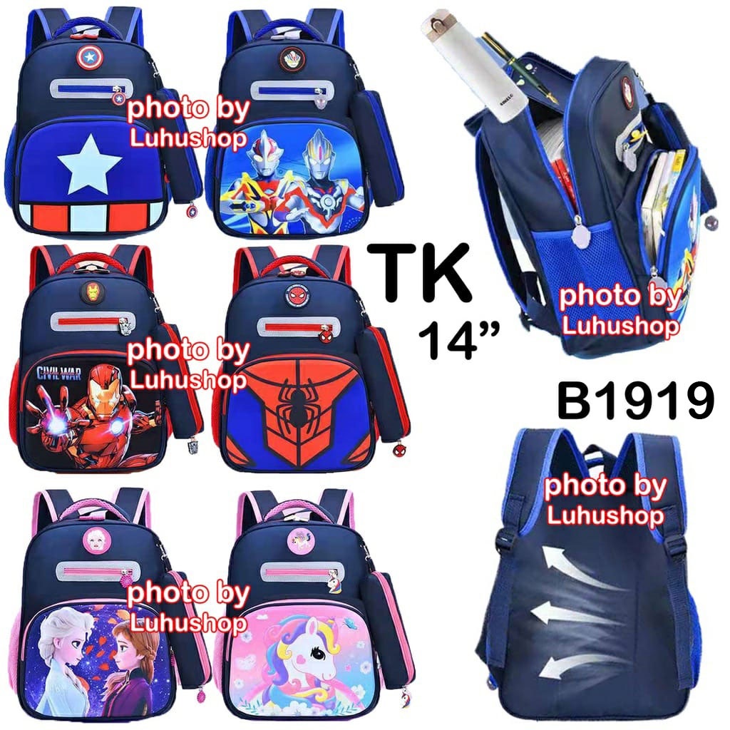 TK SD Tas + Tempat Pensil Tas Ransel Sekolah Anak SD Laki-Laki Dan Perempuan Spidermen Ultraman Captain Unicorn Frosen