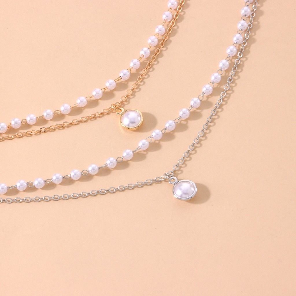 Gaya Korea Fashion Multilayer Alloy Mala Kalung Manik-manik dengan Mutiara Buatan untuk Wanita