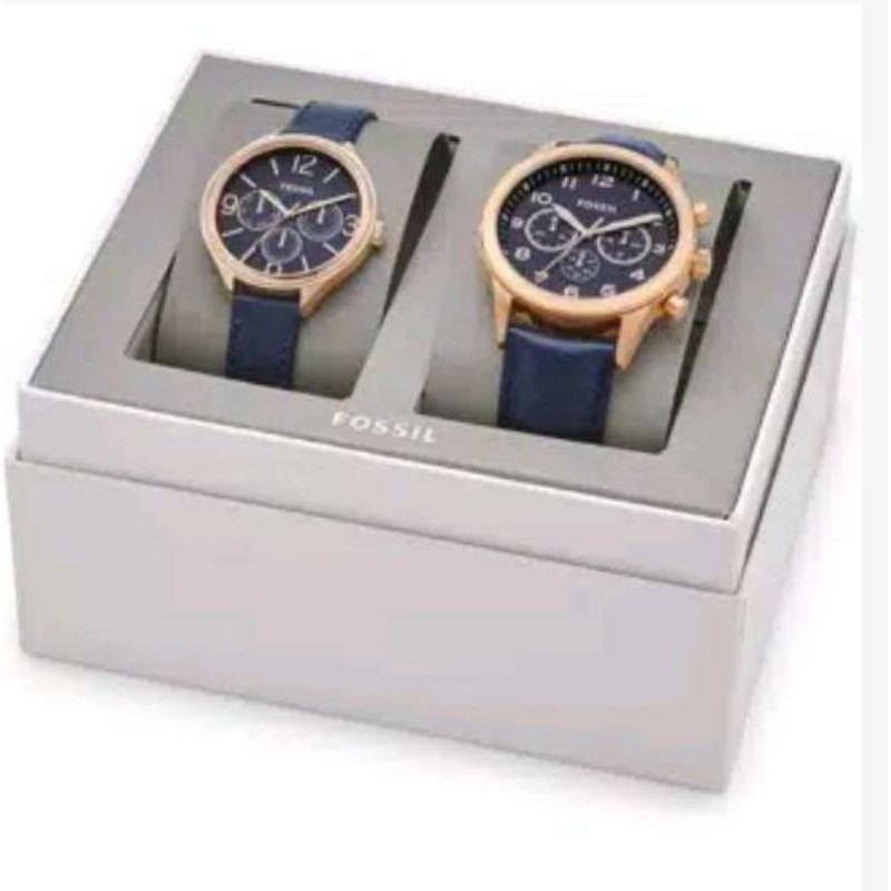 Jam tangan FOSSIL couple set navy leater