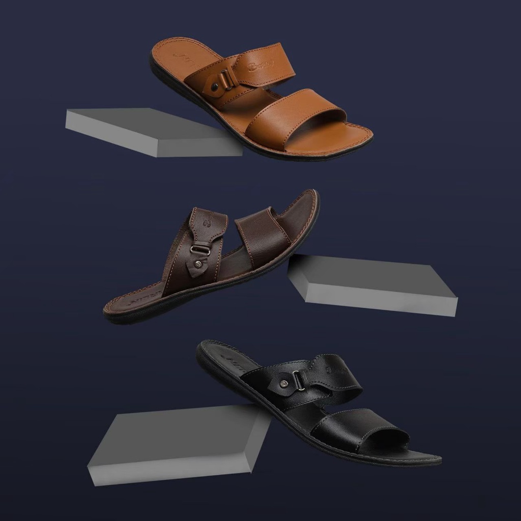 Sandal Kekinian Sendal Pria Trendy Sandal Gaya Kasual Asli Kulit Sendal slop Model Terbaru Hitam Coklat