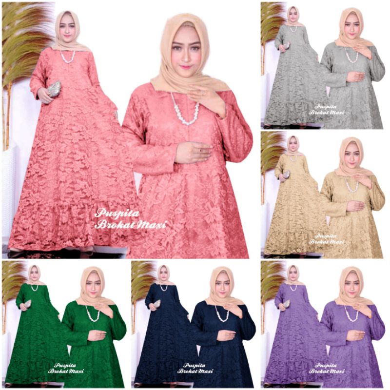 ELDE 5 - Puspita maxi JUMBO dress gamis brukat termurah L XL 3XL 5XL lapis furing seleting depan pinggang blkg karet