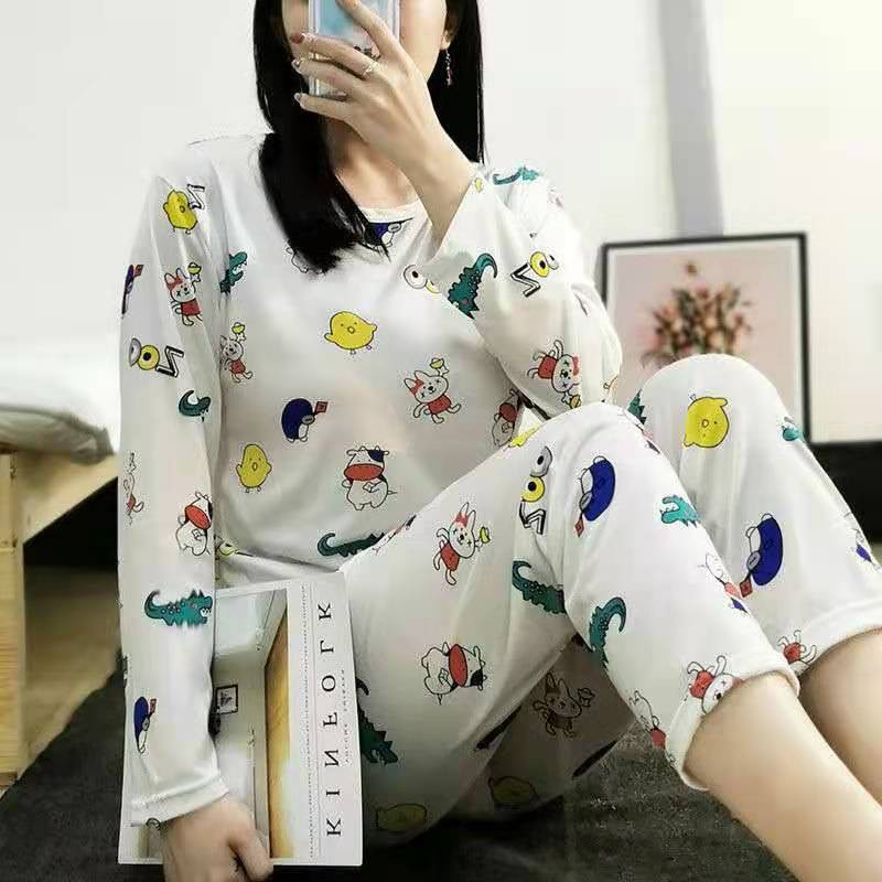Setelan Lengan Panjang Piyama Baju Tidur Wanita Kartun Karakter Pajamas Dewasa set Piama Wanita-White Crocodile