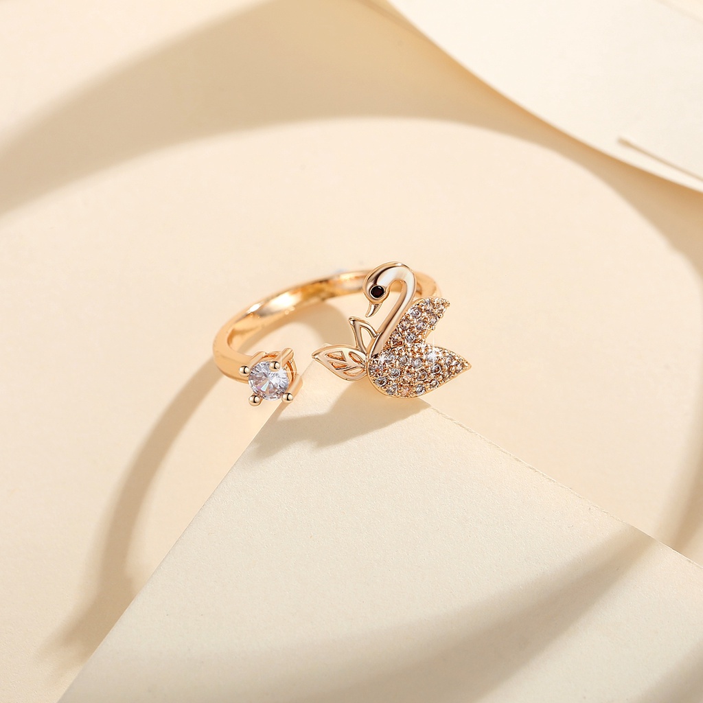 Y696 [COD✔] Cincin Swan Titanium Berlian Kristal Emas Fashion Wanita Perhiasan Rings Adjustable