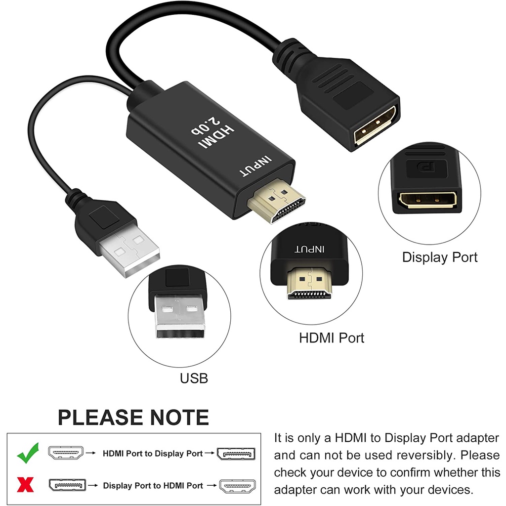 HDMI 2.0 4K Male to DP Display Port Female with USB Power - HDMI to DP