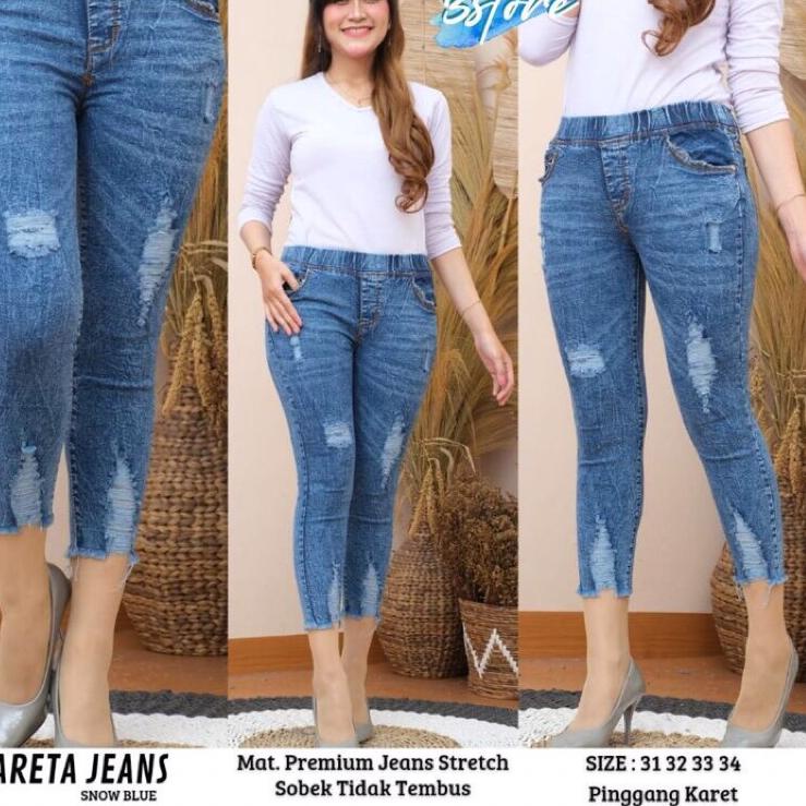 ル Jeans Wanita Sobek tidak tembus . Jeans Wanita Kekinian . Mareta Jeans . Jeas pinggang karet ゴ