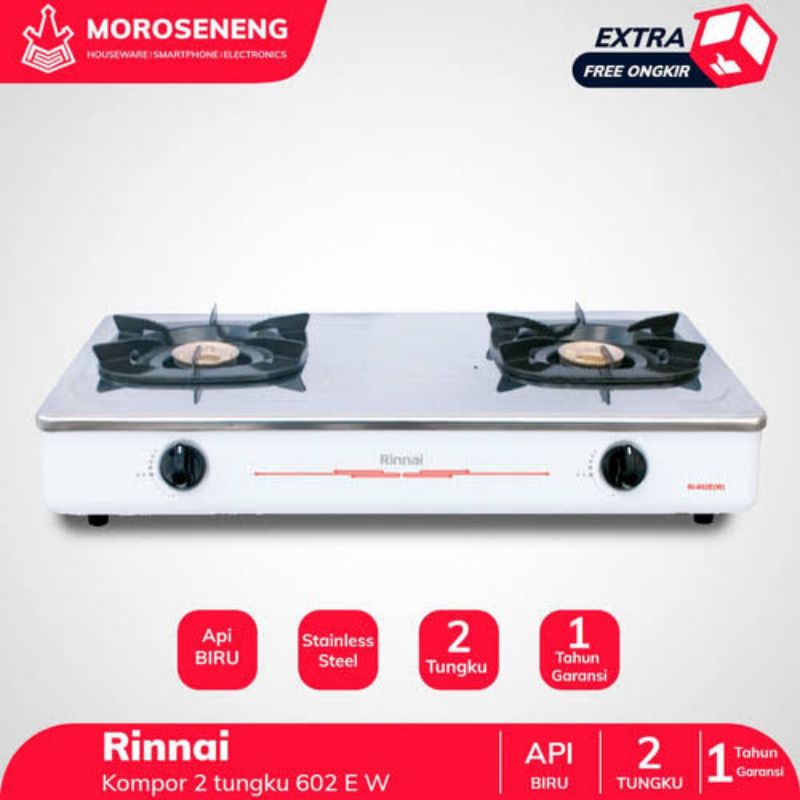 KOMPOR GAS 2 DUA TUNGKU RINNAI RI 602 RI602 EW 602EW RI602EW E(W) E W BAHAN STAINLESS STEEL ANTI KAR