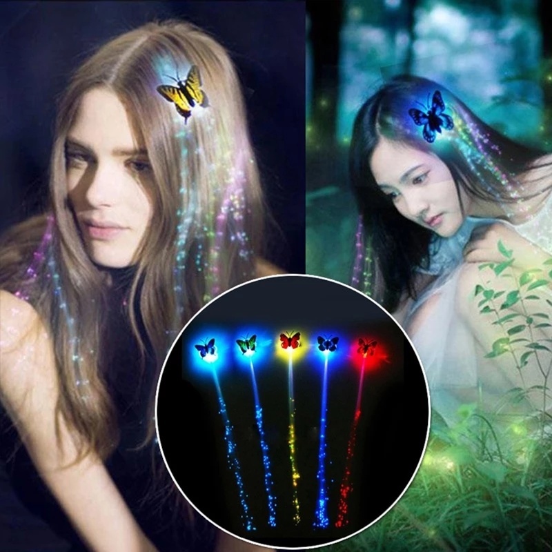 1 Pc Aksesoris Rambut Palsu Serat Optik Model Butterfly Dengan Lampu LED Untuk Pesta