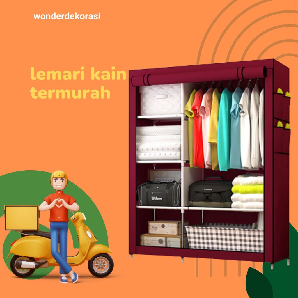 Lemari Pakaian Kain Portable Termurah Lemari Pakaian 3 Sisi Polos 2 Gantungan Lemari Multifungsi