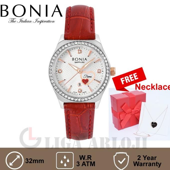 Bonia BNB10680-2312S Jam Tangan Wanita Analog Silver Merah Free Kalung barang ada