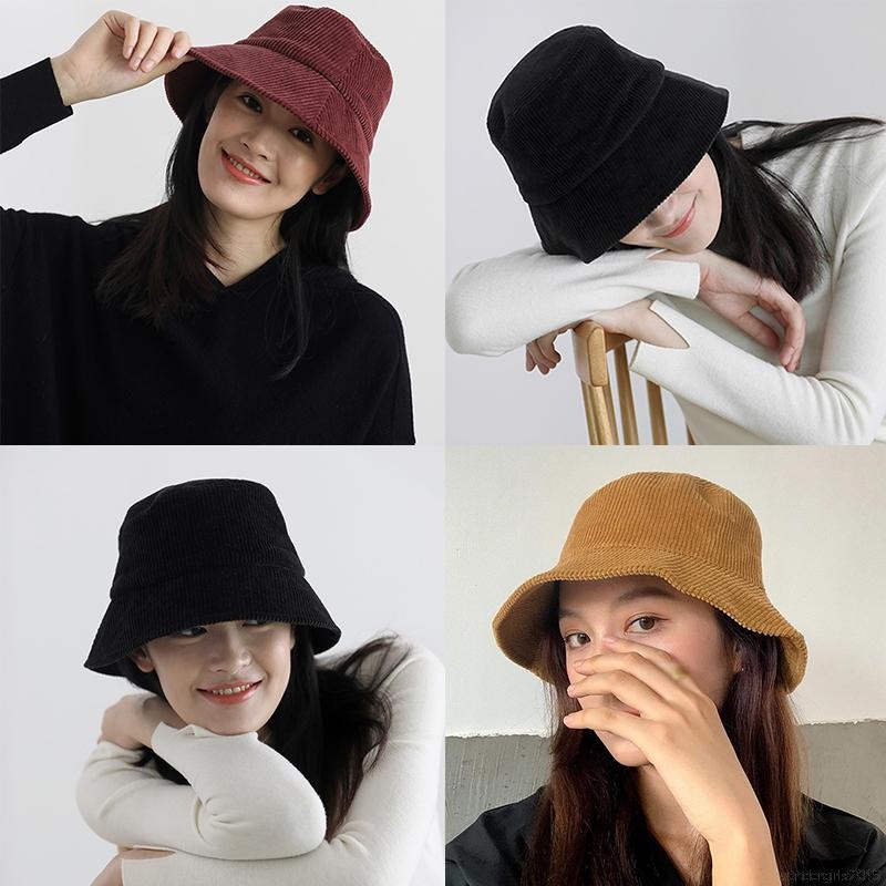 Topi Bucket Adjustable Bahan Corduroy Fleece Gaya Barat Untuk Wanita