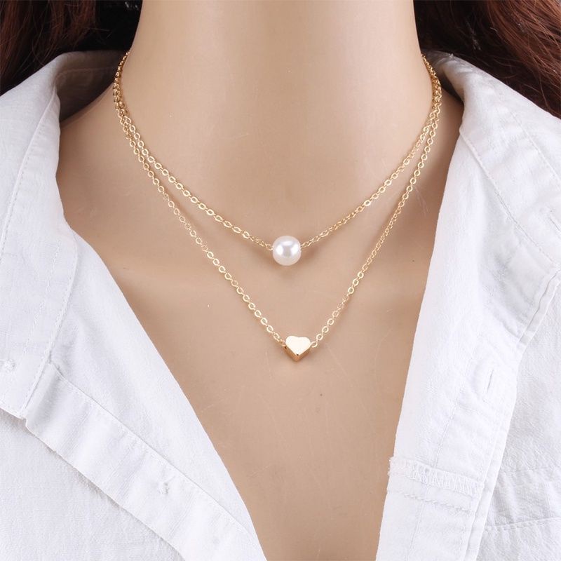 FerenHongXia Kalung Rantai Klavikula Pendek Multilayer Aksen Mutiara Ganda Untuk Hadiah Ulang kalung hati kalung layer