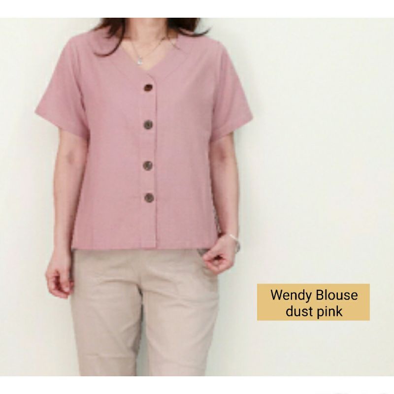 Atasan Blouse Wanita Lengan Pendek Polos Bahan Katun, Wendy Blouse#-Wendy Dust Pink