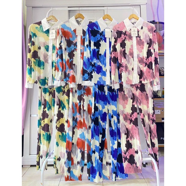 ONESET STELAN PLISKET PLEATS KEMEJA KULOT TIE DYE ABSTRAK BASIC PREMIUM IMPORT BANGKOK BKK