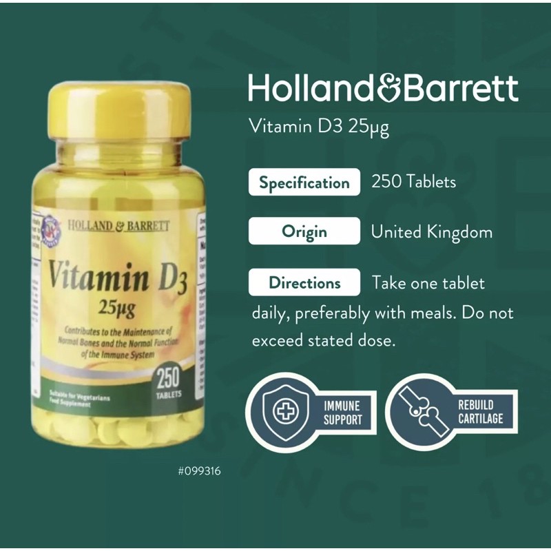READY 250 tabs Holland & Barrett vitamin D3 25mg (1000iu) (holland barret)
