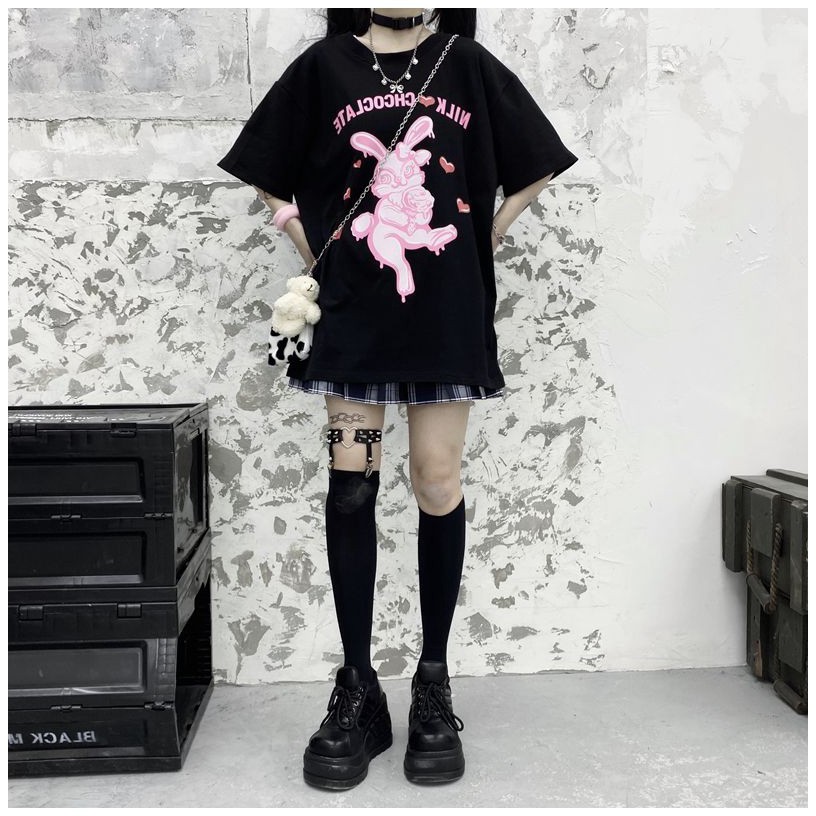 KBS-91 kaos full print kelinci rabbit black and pink oversize t-shirt import korea jepang