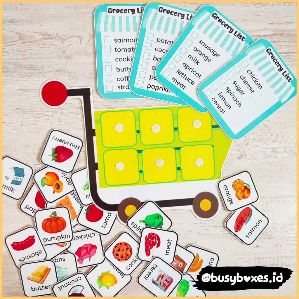 [busyboxes.id] Mainan Edukasi  Pretend Play Three Part Card Busy Page Grocery Shopping English Belanjaan