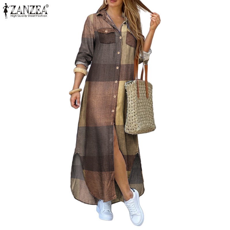 ZANZEA Women Casual Long Sleeve Buttons Down Front Side Pockets Long Dress