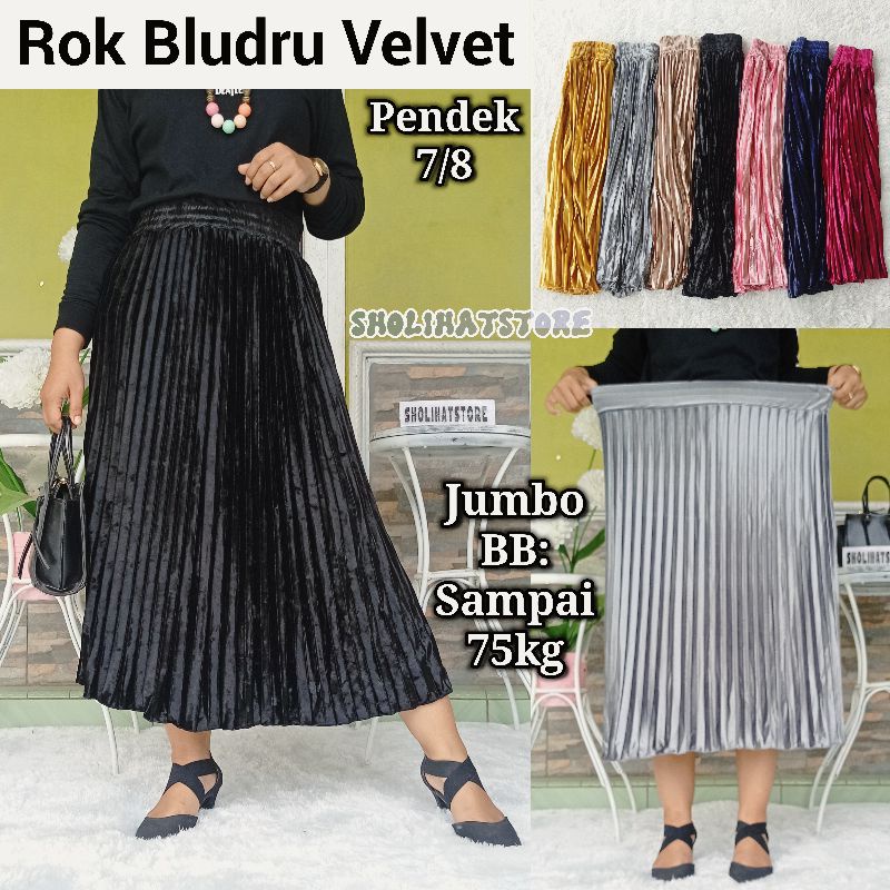 Rok plisket velvet premium import pendek 7/8 ukuran jumbo bb sampai 75kg / Rok bludru plisket premium tebal / rok velvet premium tebal / Rok plisket brludru pendek 7/8 Rok plisket velvet pendek 7/8 / havana skirt / skirt korea