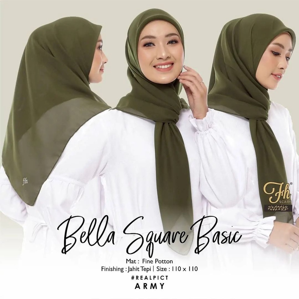 HIJAB segi empat polos BELLA SQUARE Warna Hijau ARMY / jilbab segiempat army premium murah