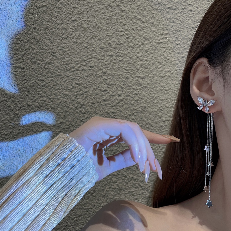 Anting S925 silver needle Model Rumbai Panjang Desain Kupu-Kupu Bintang Bahan Zirkon