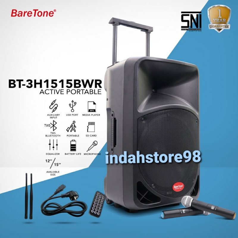 Speaker Aktif Portable 15 inch Baretone BT 3H1515BWR Bluetooth Xbass 2 Mic Wireless Original 15BWR