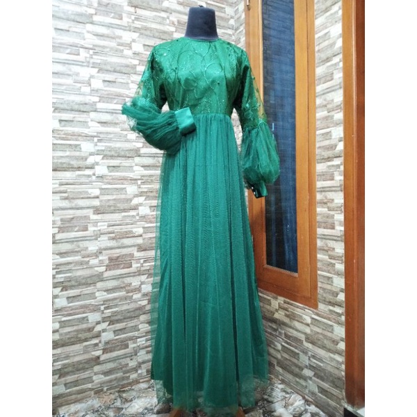 Dress Brukat / Dress Pesta / Dress Kondangan Ijo Botol