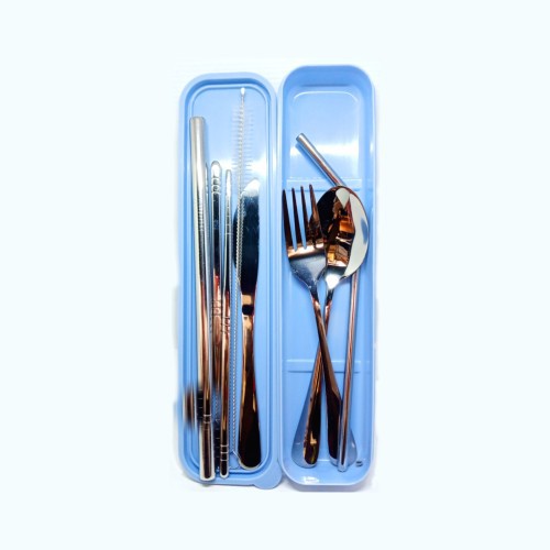 Cutlery Set Travel Paket Alat Makan Sendok Garpu Pisau Sumpit Sikat Pembersih Sedotan Stainless