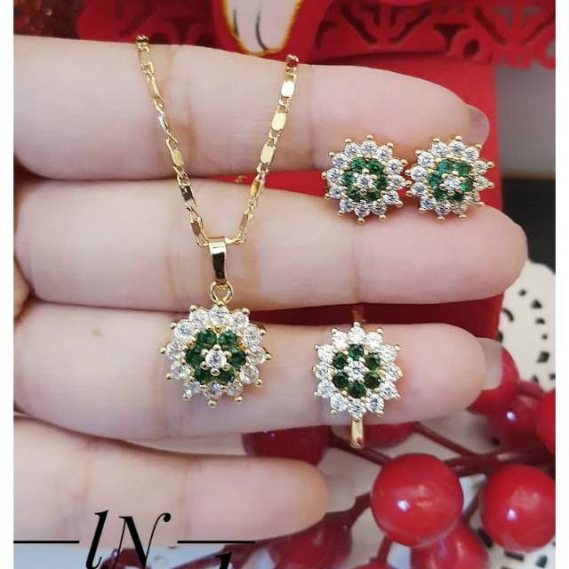 TERMURAH Set Perhiasan Xuping Lapis Emas Kalung Anting Cincin Batu Permata Ruby Hijau Pink Titanium