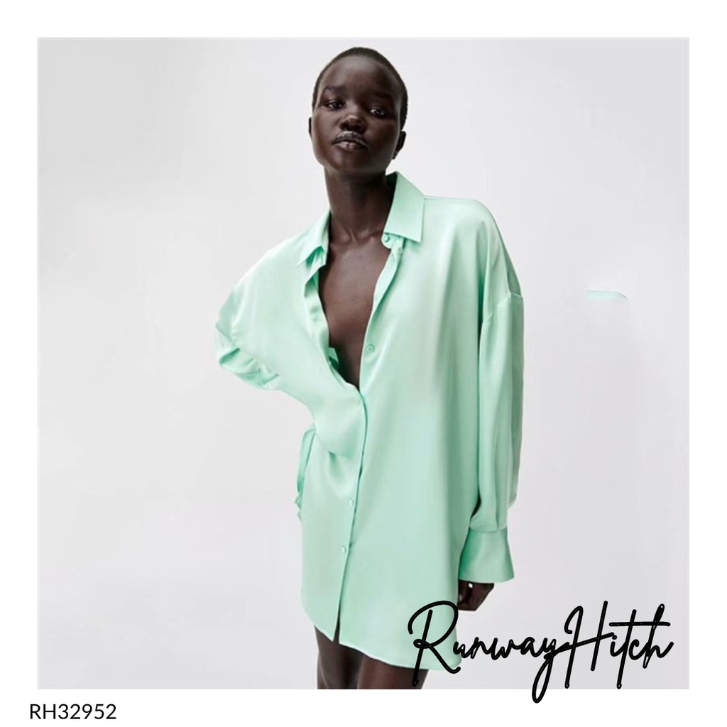 KEMEJA SATIN HIJAU IMPORT RH32952 / SATIN SHIRT KEMEJA OVERSIZE