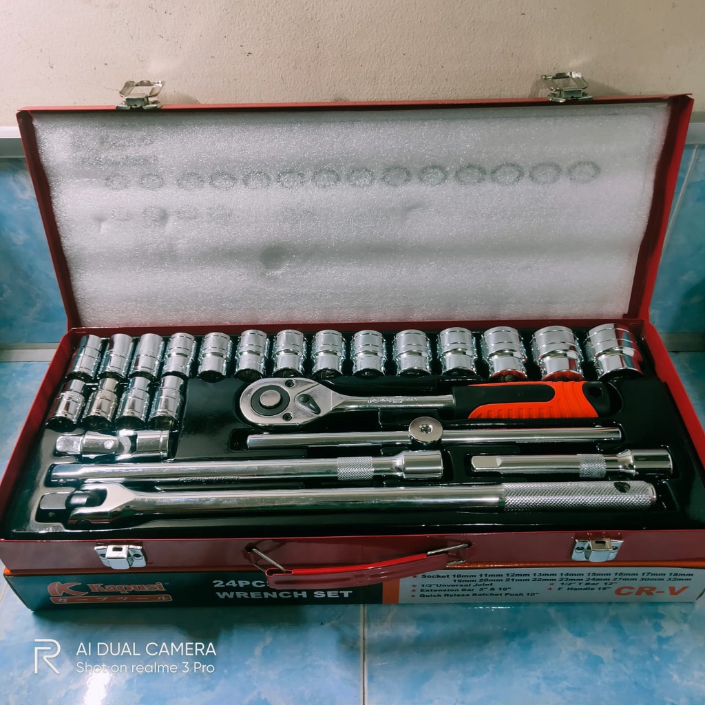 PROMO MURAH!!!KUNCI SOCK SOKET SET 1/2 in KUNCI SOKET PAS - KUNCI PAS 10 - 32 mm  24 pcs ada juga KAPUSI Kunci Shock / Kunci Sok Set 1/2inch 12 pcs dan 1/4inch 46 Pcs Full Lengkap Socket Tool Kit Pas Ring L Motor Mobil