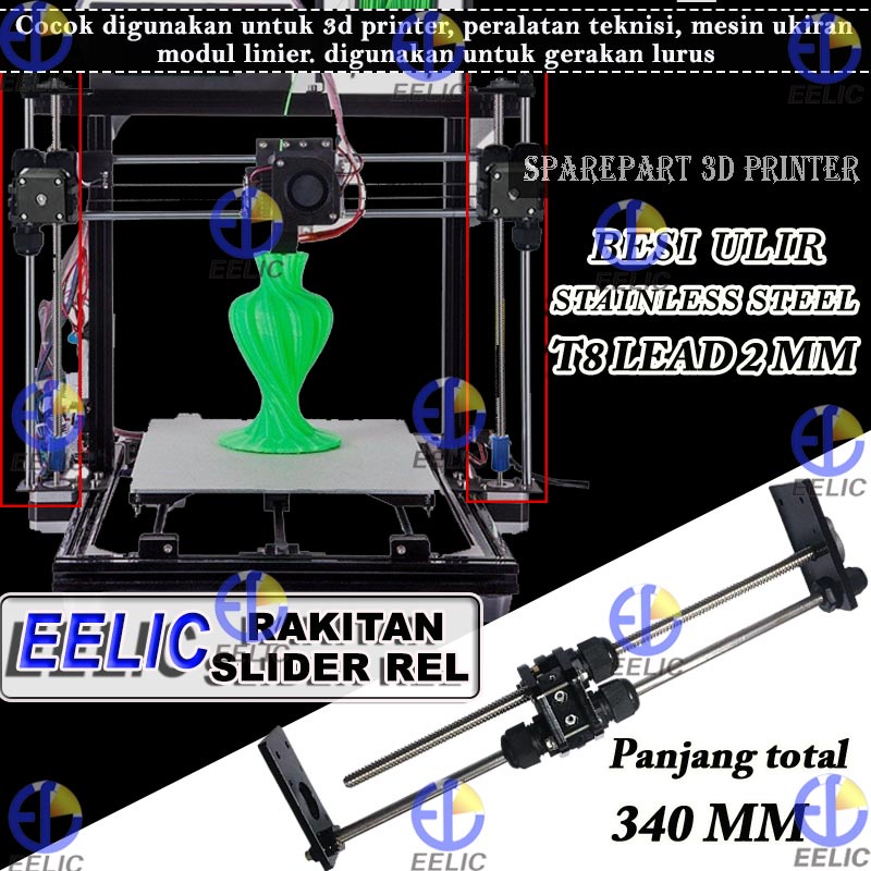 EELIC SLR-25T8L2J200 Rakitan slider rel panjang 340 mm linear bearing block d8 25 mm lead besi ulir 2mm sparepart 3d printer