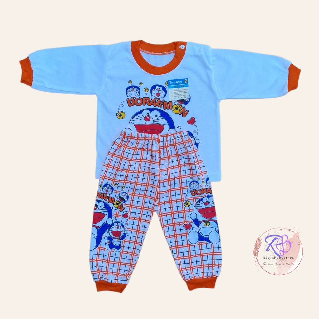 SETELAN BAJU BAYI LENGAN Panjang motif Doraemon usia 3-18 bulan