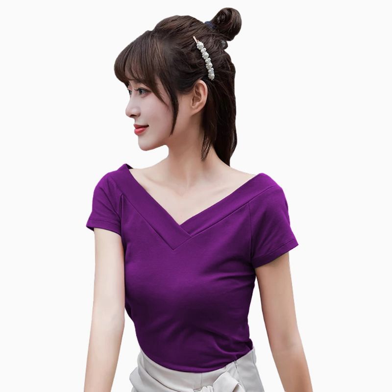 Kaos Tshirt Lengan pendek Wanita Gaya korea leher v lebar - JktMfashion Asri