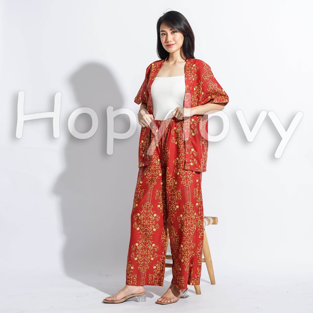 HOPYLOVY - Outer Setelan Wanita Motif Batik Bahan Katun Jepang Nilam