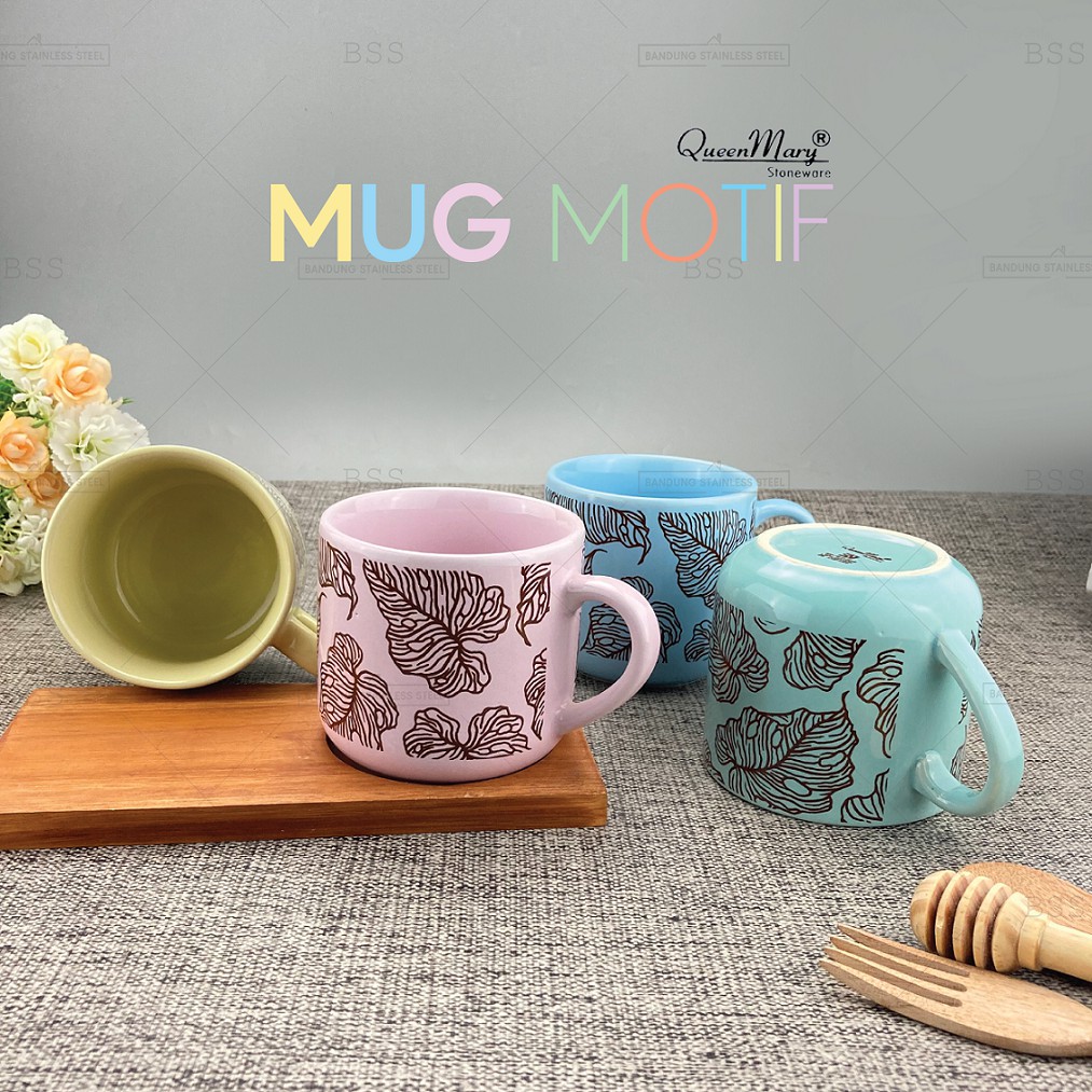 Gelas Mug 300ml Keramik Warna Pegangan Motif Daun Cantik Murah Tebal Tahan Panas