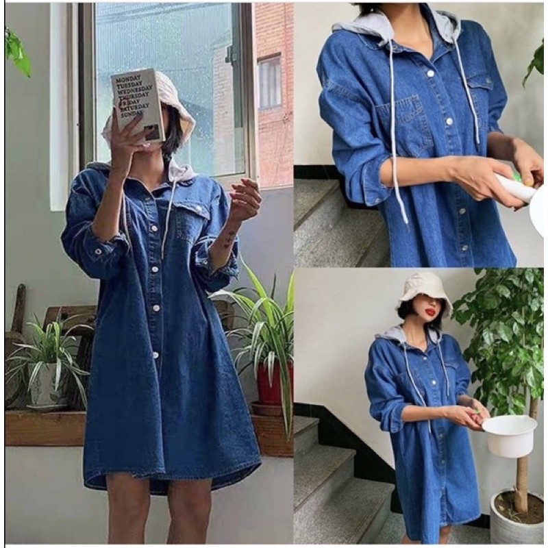 Denim shirt dress with hoodie ( hoodie bisa dilepas)