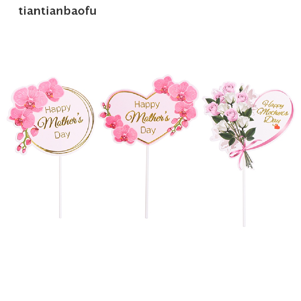 [tiantianbaofu] 10pcs Happy Mother`s Day Cake Topper Pink Heart Flower Rose Toppers Cupcake Dess Boutique