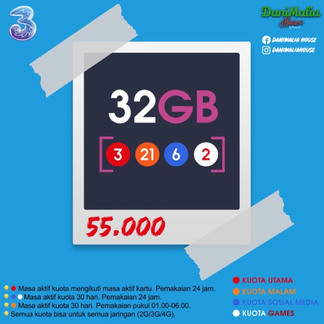 INJECT / VOUCHER TRI AON 32GB (3GB + 6GB Bulanan + 21GB Night + 2GB Games)