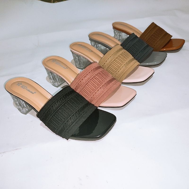 Sandal Heels Hak Kaca Upper Rajut TERBARU