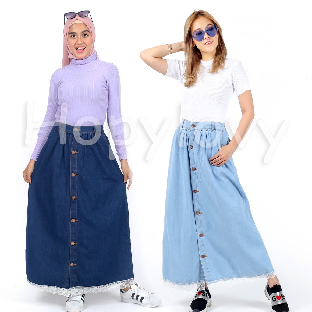 HOPYLOVY - Rok Jeans Panjang Rok Jeans Wanita Kancing Button Up Daniza Bawah Renda