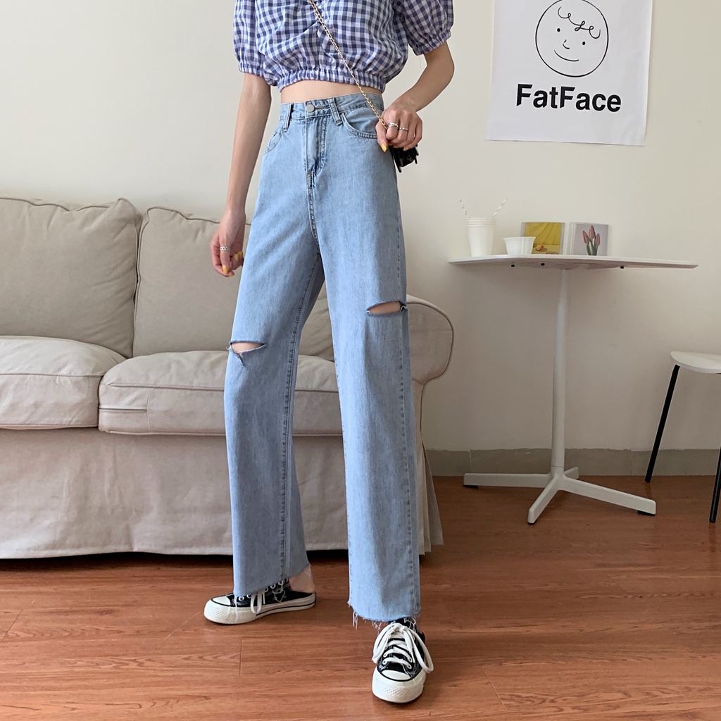 korean style new straight fit vintage kekinian boyfriend celana robek jeans panjang wanita