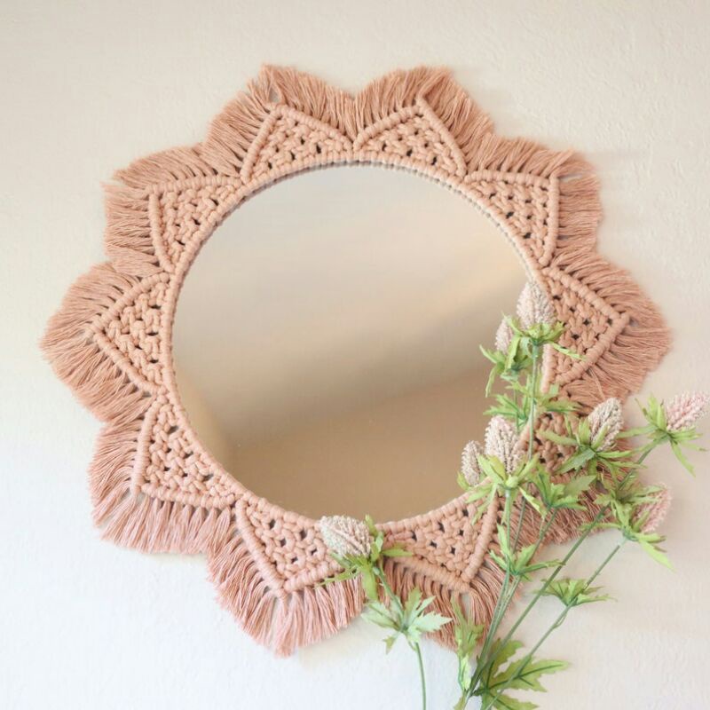 Cermin Kaca Ring Rotan Bulat Kado Gift Ulang Tahun Macrame Wall Hanging Dekorasi Diameter cermin 30 