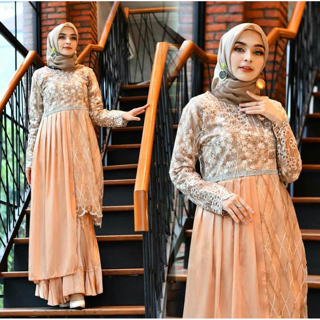 PROMO LONG DRES TULLE COMBI / LONG DRESS TULLE MUTIARA BORDIR / GAMIS PESTA