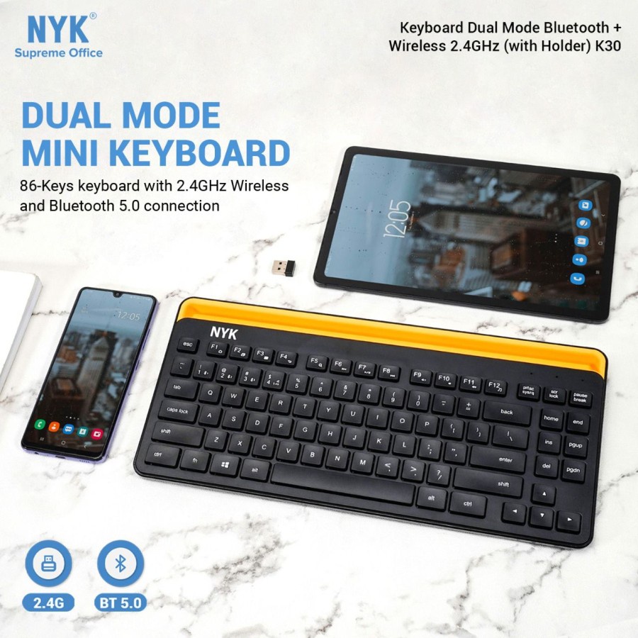 NYK K30 Keyboard Dual Mode Bluetooth + Wireless with Holder HP Tablet