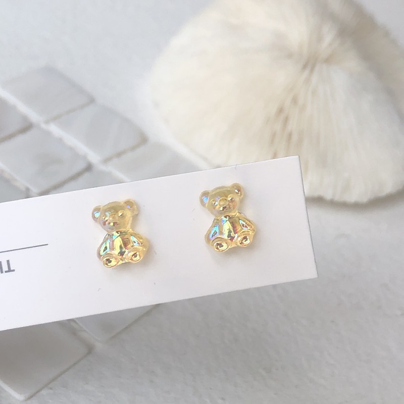 Anting stud S925 Bentuk Beruang Mini Warna-Warni Permen Biru Putih Pink Ungu Oranye