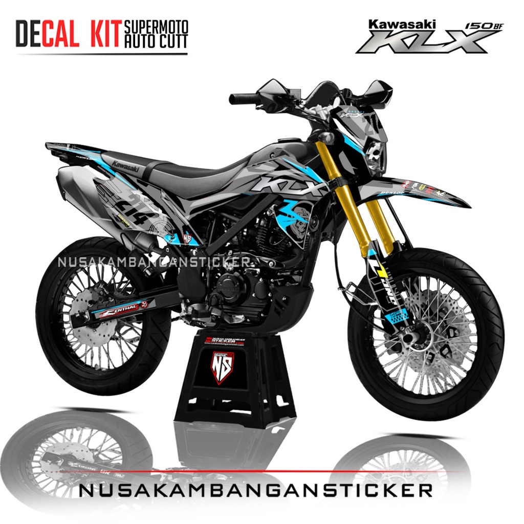 Decal Stiker Supermoto Motor Kawasaki KLX 150 BF Full Body Abu abu Biru Toska Grafis Racing Team Sti