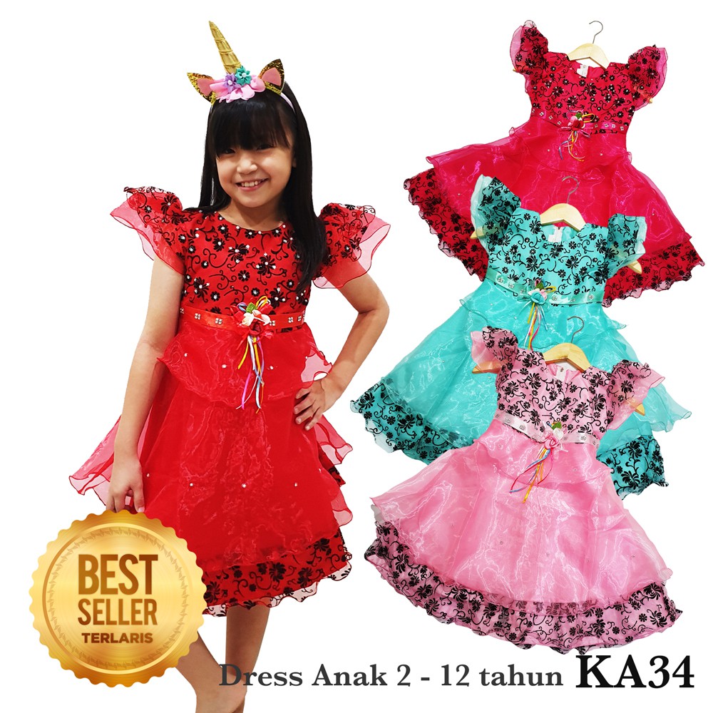 Gaun Baju Anak Perempuan 2 sampai 12 tahun Dress Anak Perempuan Pesta Murah Korea Tile Motif Organdi KA35